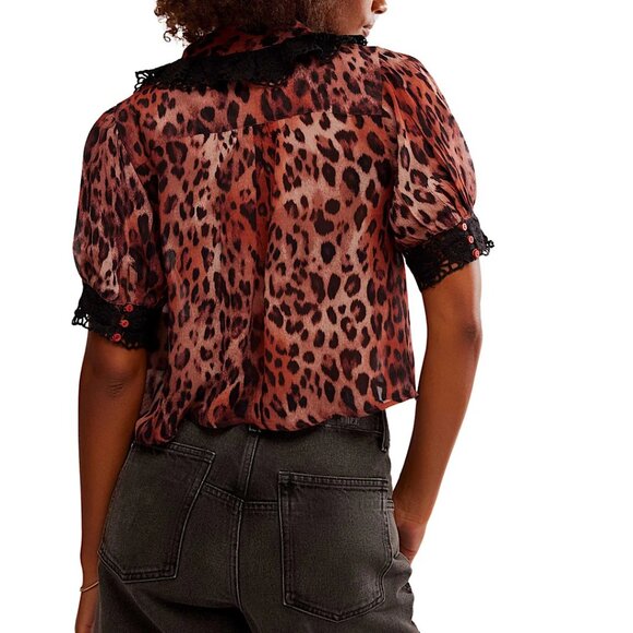 Free People My Love Leopard Print Blouse Top XS Lace Trim Cropped Black Brown - Picture 2 of 10
